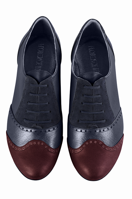 Burgundy red and denim blue women's fashion lace-up shoes. Round toe. Flat leather soles. Top view - Florence KOOIJMAN